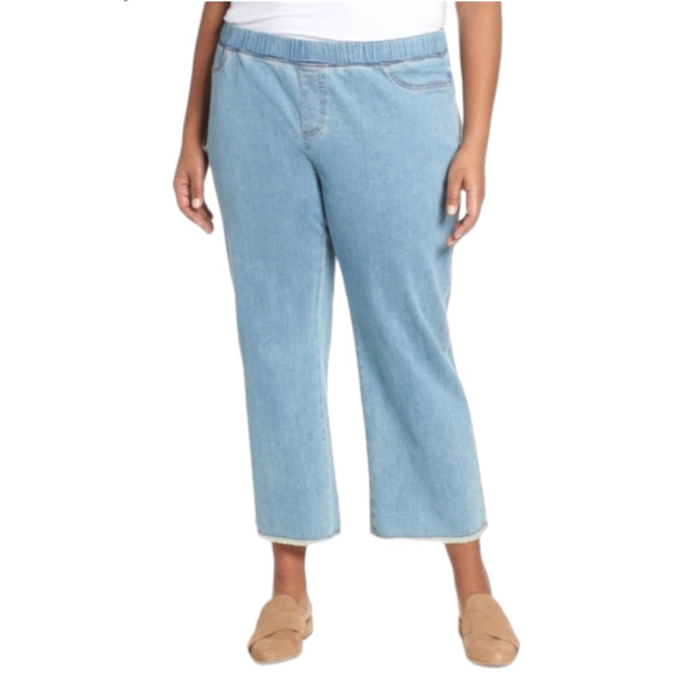 Eileen Fisher Pull on Ankle Blue Jean Frayed Hem Organic and Elastic waist !